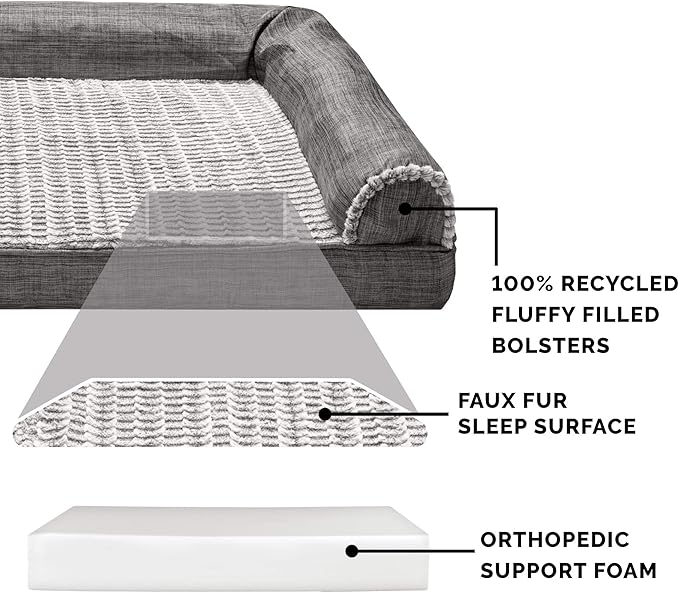 Furhaven Orthopedic Dog Bed for Large Dogs w/ Removable Bolsters & Washable Cover, For Dogs Up to 125 lbs - Luxe Faux Fur & Performance Linen Sofa - Charcoal, Jumbo Plus/XXL