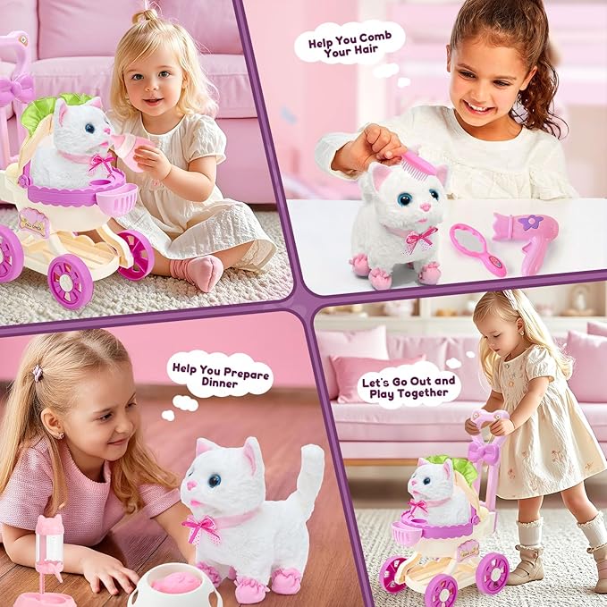 G.C Cat Toys for Kids Girls, Electronic Interactive Stuffed Cat Walk Meow and Wag Tail with Stroller Pet Care Accessories Toys Pretend Play Birthday Gifts for Toddlers Girls 3 4 5 6 7 8 Year Old