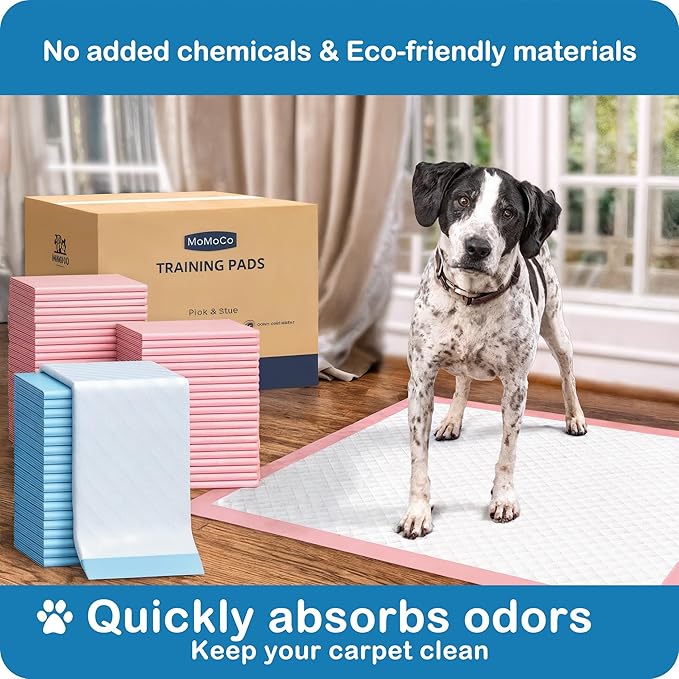 MoMoCo Value Pack Puppy Training Pads 23"x23", 200 Count (Blue100 + Pink100) – Leak-Proof & Super Absorbent Potty Pads for Dogs, Cats & Rabbits