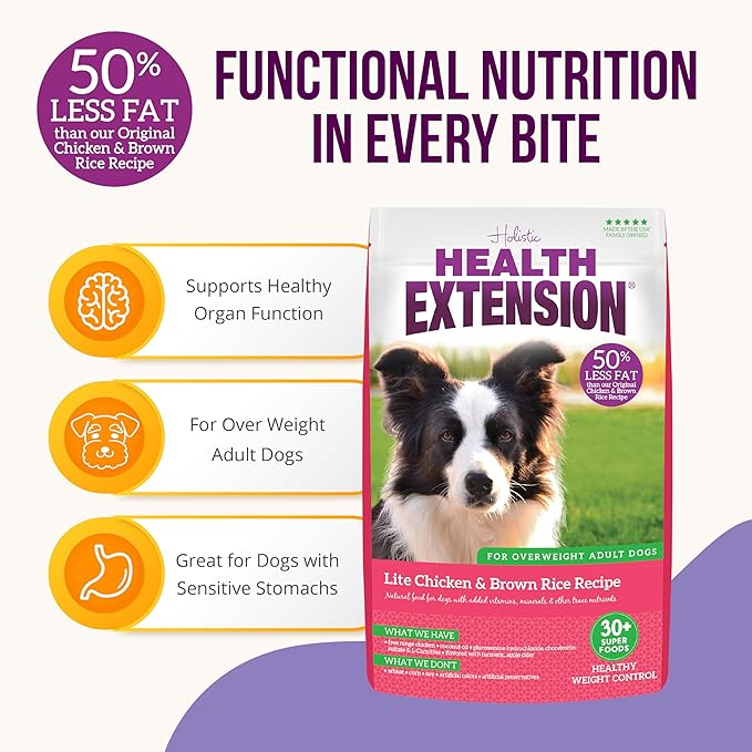 Health Extension Lite Chicken & Brown Rice Dry Dog Food (4 lb / 1.81 kg) - Low-Fat Formula with Glucosamine, Probiotics & Omega 3 for Overweight, Spayed, Neutered, or Senior Dogs (Pack of 2)