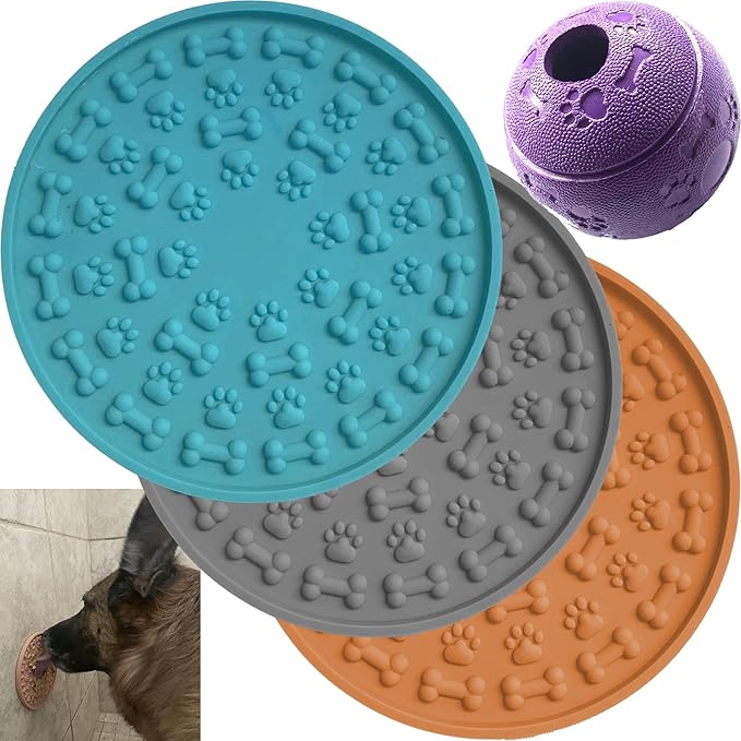 Jalousie Dog Puzzle Balls Cat Treat Dispensing Balls Non-Toxic Natural Rubber Pup Chew Toys for Puppy Pet Dog Teething Puzzle Playing Treat Dispenser Rope (3 Lick Mat + 1 Treat Ball)