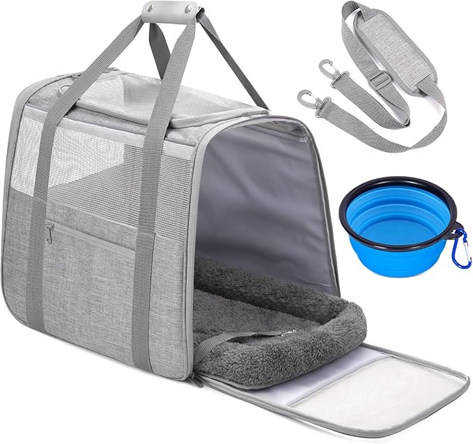 JUNGYOON Large Cat Carrier – Soft-Sided Airline-Approved Pet Carrier Bag with Top Opening, Portable Travel Carrier for Big Cats & Dogs Up to 20lbs – Safety Zippers, Collapsible Bowl,Grey
