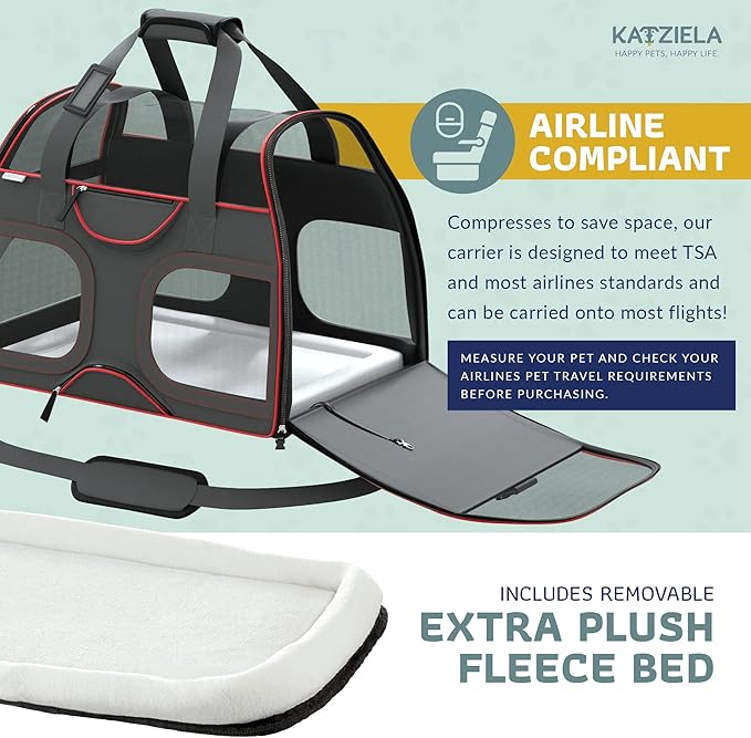 Katziela Pet Carrier - Airline Compliant - TSA Approved Pet Carrier for Small Dogs and Cats - Soft FAA Travel Airplane Dog Carrier Luggage (Black/Red)