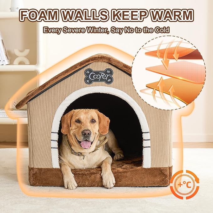 Jiupety Indoor Dog House with Frame, Large Dog Cave Bed, Insulated Cozy, Suitable for 60-100 lb, Jumbo (38"×30"×28"), Brown