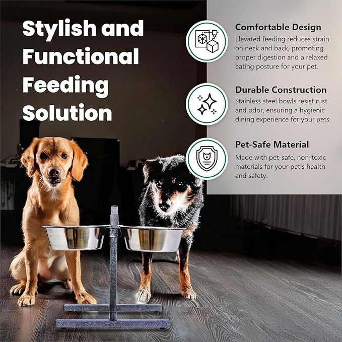 Iconic Pet Adjustable H-Design Double Diner - Non-Skid Rubber Base Noise Free Stable Dog Food Stand with 3 Quart/ 96 oz Stainless Steel Elevated Dog Food Bowls for Proper Growth & Digestion