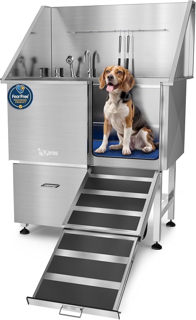 KANIS Professional Dog Washing Station - 304 Stainless Steel Pet Wash Sink & Grooming Bath Tub for Home with Ramp, Shower, Floor Grate, Storage Drawer, Faucet, Drain Kit for Large, Medium & Small Pets