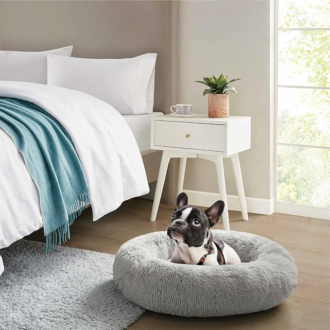 Friends Forever Serena Donut Memory Foam Orthopedic Dog Bed, Soft Faux Fur Oval Cat Couch For Indoor Pet, Fluffy Calming Plush Shag, Round Raised Bolster Cushion, Machine Washable Cuddler, Grey