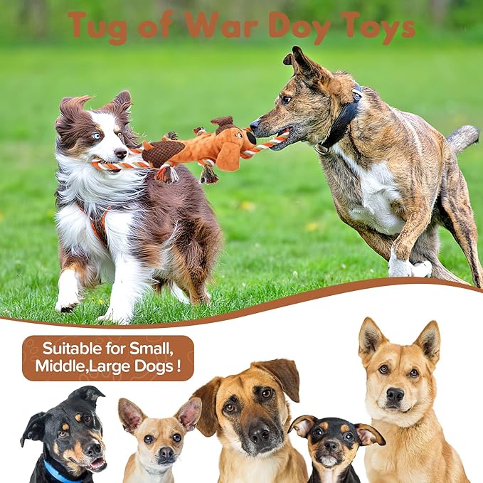 Squeaky Dog Toys, Tug of War Dog Toy for Large Dogs, Plush Puppy Toys with Pull Rope, Interactive Dog Toys for Small, Middle, and Big Dogs
