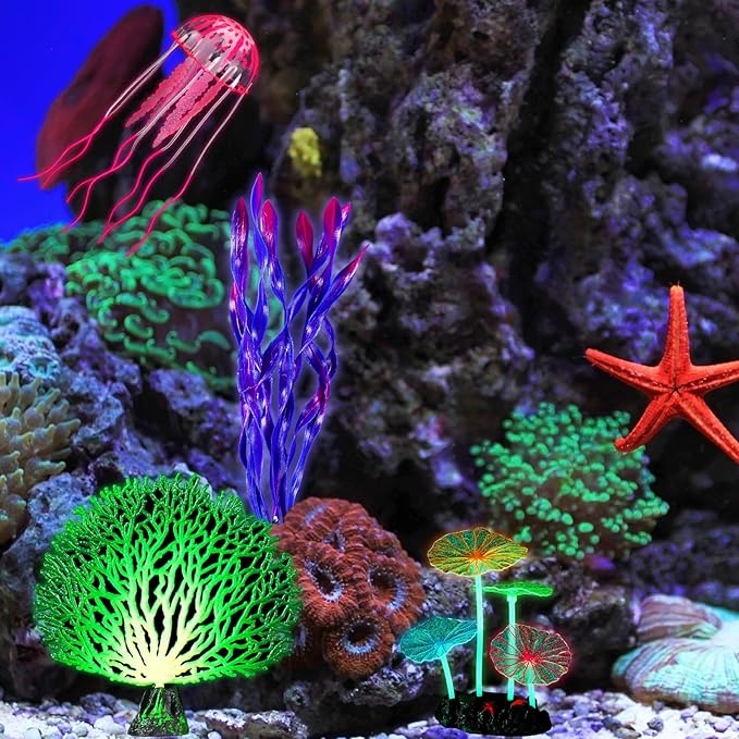 Frienda 8 Pieces Glowing Fish Tank Decorations Plants with 2 Style Glowing Kelp, Sea Anemone, Simulation Coral, Jellyfish, Lotus Leaf, Mushroom for Aquarium Fish Tank Ornament (Blue, Pink)