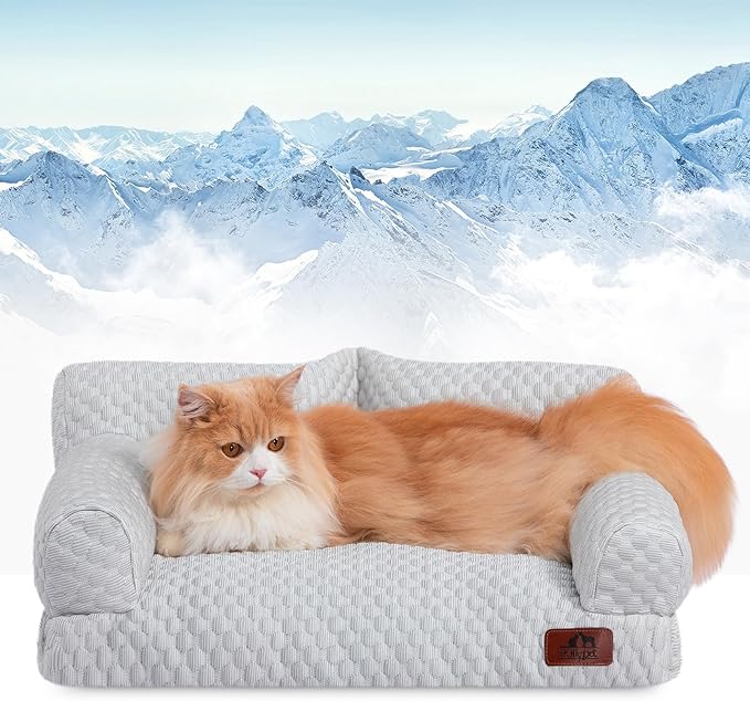 Hollypet Cooling Dog Cat Pet Couch Soft Calming Sofa Bed for Medium Small Cats and Dogs, Gray, 24"x 18"x10"