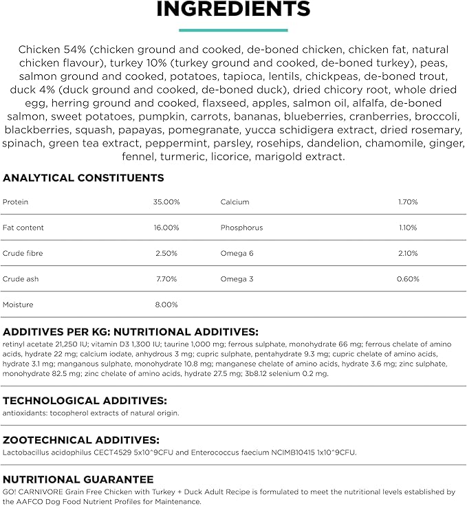 Go! Solutions Carnivore, Grain-Free, Protein Rich Dry Dog Food, Chicken, Turkey and Duck Adult Recipe, 3.5 lb Bag
