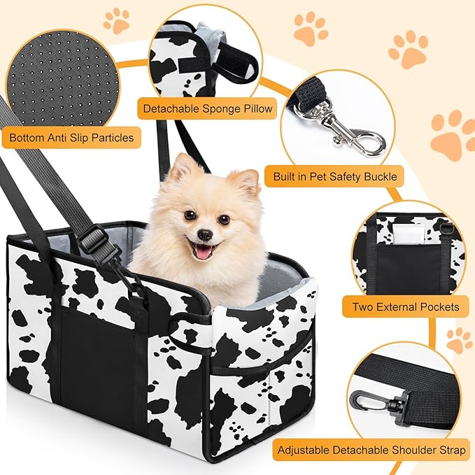 Portable Dog Car Seat for Small Dogs - Adjustable Safety Leash, Washable Cushion & Storage Pocket - Pet Booster Seat for Car Travel- Cow Pattern