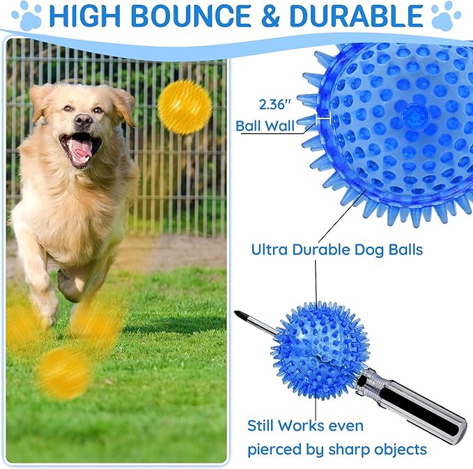 4-Pack Large Squeaky Dog Balls, 4.5" Rubber Spiky Dog Balls for Large Medium Aggressive Chewers Teeth Cleaning, Chew Toy for Training & Boredom Buster