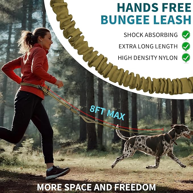 Hands Free Dog Leash with Removable Zipper Pouch, Dual Padded Handles and Durable Bungee for Walking, Jogging and Running-Brown