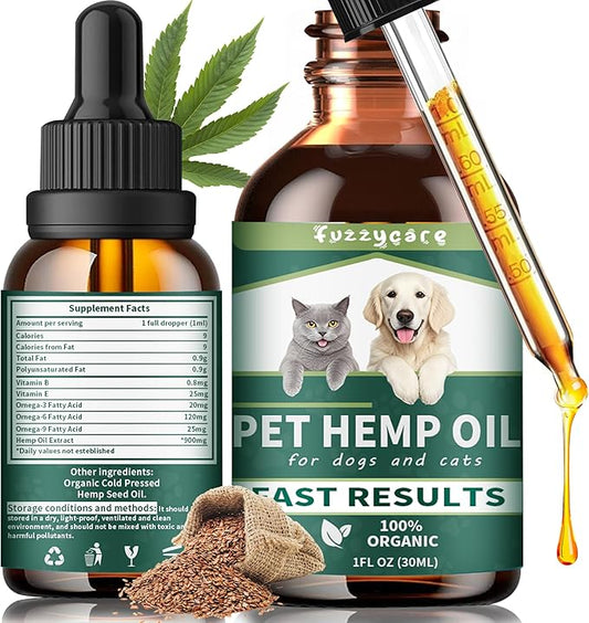Hemp Oil for Dogs & Cats, Anxiety & Stress Relief Drops with Omega 3-6-9,Hemp Oil Helps with Pain, Stress, Sleep, Arthritis, Seizures Support, Calming Pet Supplement for Small & Large Pets