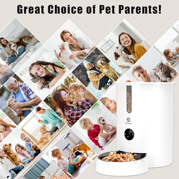 Automatic Cat Feeders, Podazz 1080P HD Camera Timed Auto Cat Dog Feeder with Smart App, 5G WiFi Dry Food Dispenser 2-Way Audio, Voice Recorder, Night Vision, Non-Stick Food Bowl (White)