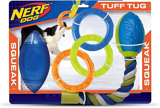Nerf Dog Toy Gift Set, 3-Piece Set of Outdoor Dog Toys for Tug and Fetch, Includes Classic Squeak Football, 3-Ring Tug and Nitro Blitz Squeak Football