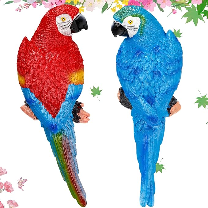 Jetec 2 Pcs Parrot Decor Outdoor Tiki Bar Decorations Large Realistic Parrot Statues for Outside Lifelike Bird Sculptures Garden Patio Yard Lawn Figurines for Tropical Animal Tree Wall (Blue, Red)