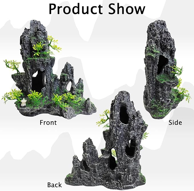 kathson Aquarium Mountain View Stone Resin Fish Tank Decoration Betta Hideout Caves Rockery Landscape Tree Aquarium Decorations Large Rock Hiding Cave Decor for Small Fish Shrimp Play Ornament