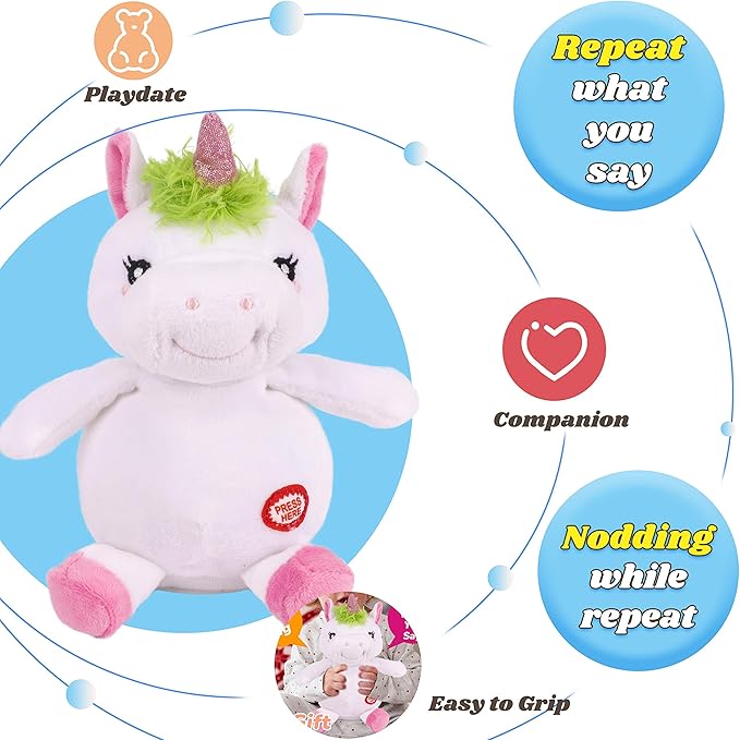 Hopearl Talking Unicorn Repeats What You Say Nodding Electric Interactive Animated Toy Speaking Plush Buddy Birthday Festival for Toddlers, 7.5''