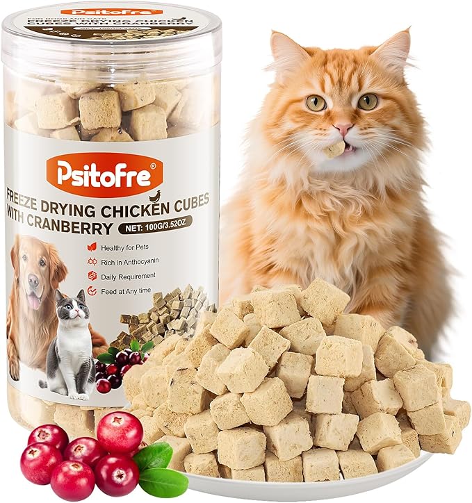 Freeze-Dried Chicken Cat Treats, Chicken Cube Snacks with Cranberry for Pets, High Protein Chickens Dog Treat Bite-Sized Pieces
