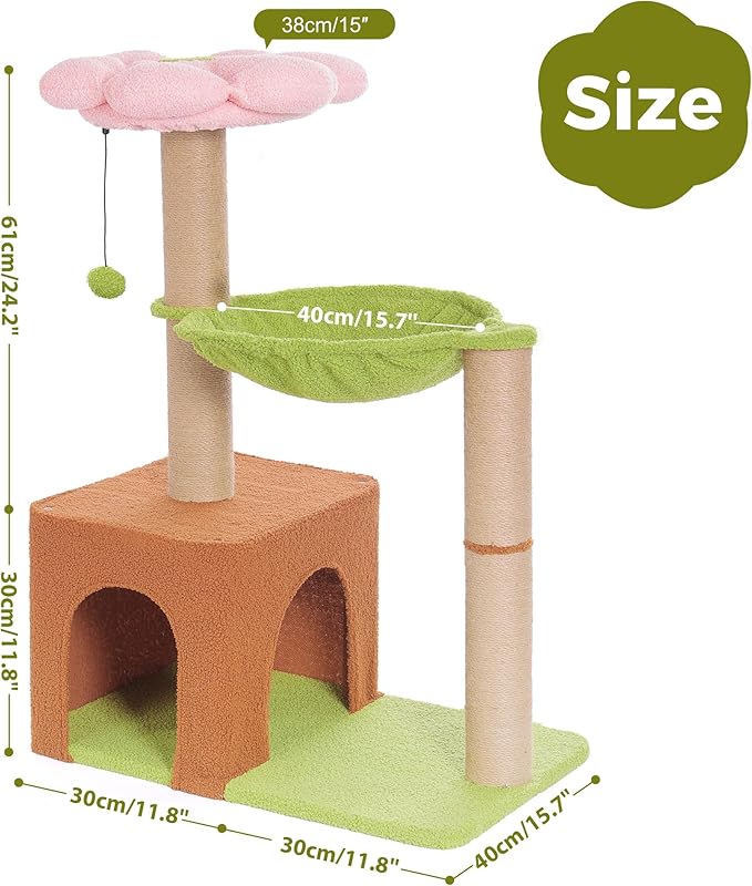Flower Cat Tree 34 Inches Scratching Post Small Cat Tower for Large Cats, with 15.7”Large Hammock, Removable Top Bed and Wide Condo for Indoor Cats-Forest Brown