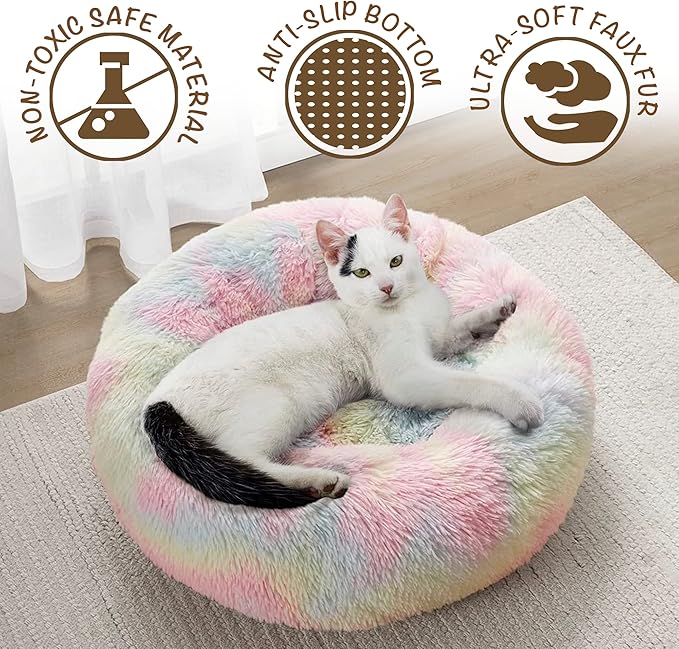 Friends Forever Donut Dog Bed Faux Fur Fluffy Calming Sofa For Small Dogs, Soft & Plush Anti Anxiety Pet Couch For Dogs, Machine Washable Coco Pet Bed with Non-Slip Bottom, 23"x23"x6" Rainbow