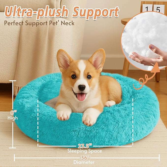 JOLLYVOGUE Calming Dog & Cat Bed for Large Dogs, Anti-Anxiety Donut Cuddler Cozy Soft Round Bed with Anti-Slip Bottom, Fluffy Faux Fur Plush Cushion Beds for Medium Dogs (36")