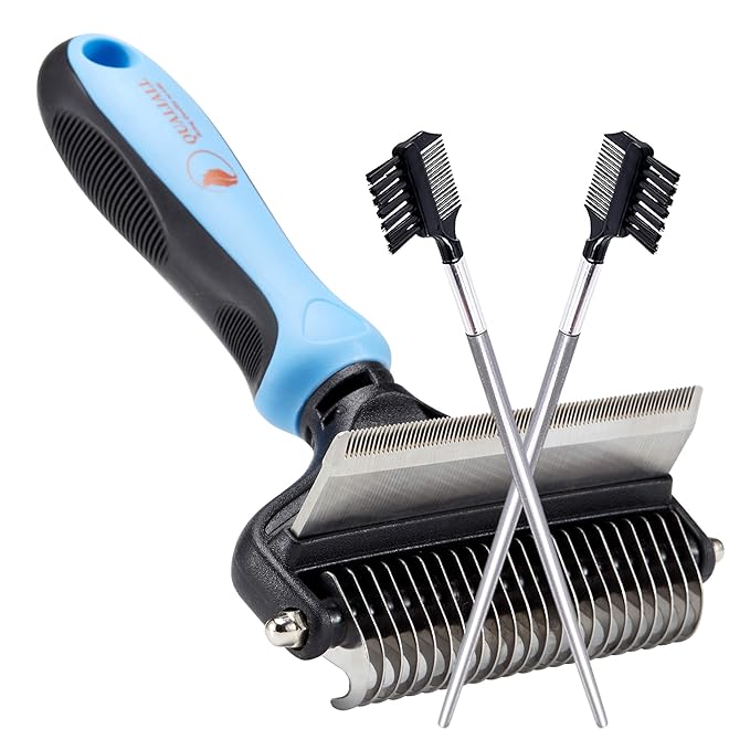 Premium Deshedder Brush for Dogs, Safe and Fast, Pro 2 in 1 Shedding Tools with Sharp Deshedding Undercoat Rake and End Rounded Dematting Comb, Great for Large Long Hair Pets (1+2pcs)