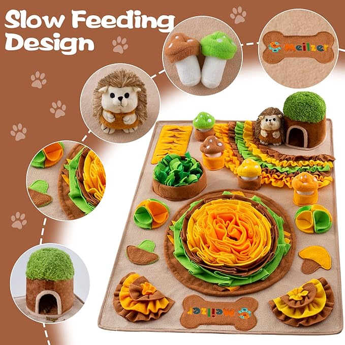 Large Snuffle Mat for Dogs 40'' x 27.5'' Sniff Mat with Hedgehog Puzzle Toy Squeaky Mushrooms Interactive Toys Portable Feeding Mat for Foraging Skills