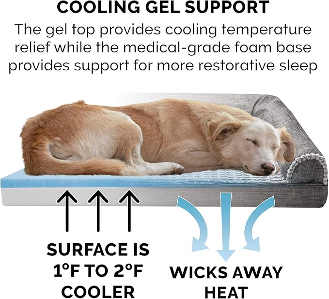 Furhaven Cooling Gel Dog Bed for Large Dogs w/ Removable Bolsters & Washable Cover, For Dogs Up to 95 lbs - Luxe Faux Fur & Performance Linen Sofa - Charcoal, Jumbo/XL