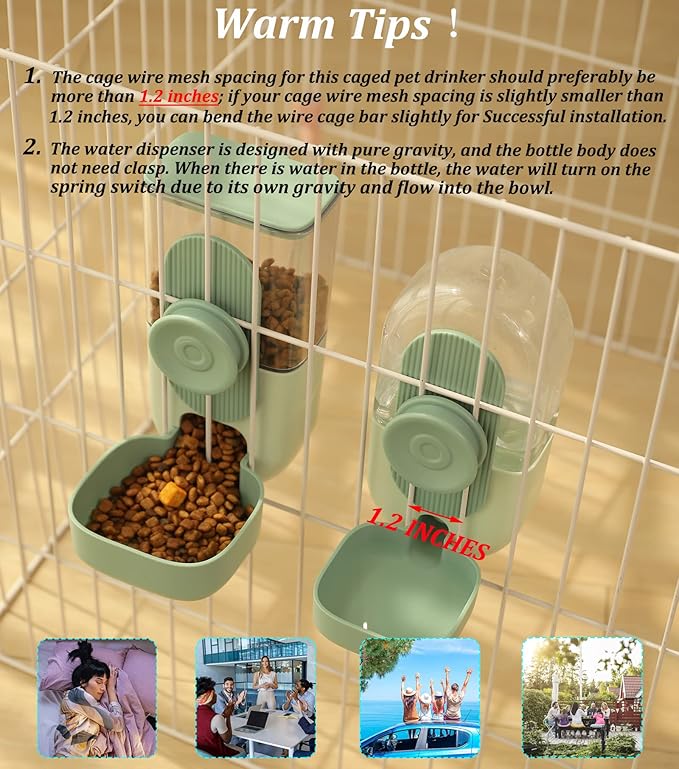 Kenond 35oz Hanging Automatic Pet Food Water Dispenser, Auto Gravity Pet Feeder and Waterer Set, Cage Cat Food Bowl Dog Feeding Station for Puppy and Kitten Rabbit Chinchilla Hedgehog Ferret (Green)