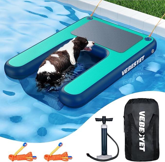 Inflatable Dog Water Ramp, Dog Floats Ramp Ladder for Pools, Boats, Docks, Sea and Lake, Non-Slip EVA 4ft x 3.3ft Platform for Dogs Up to 180LBS