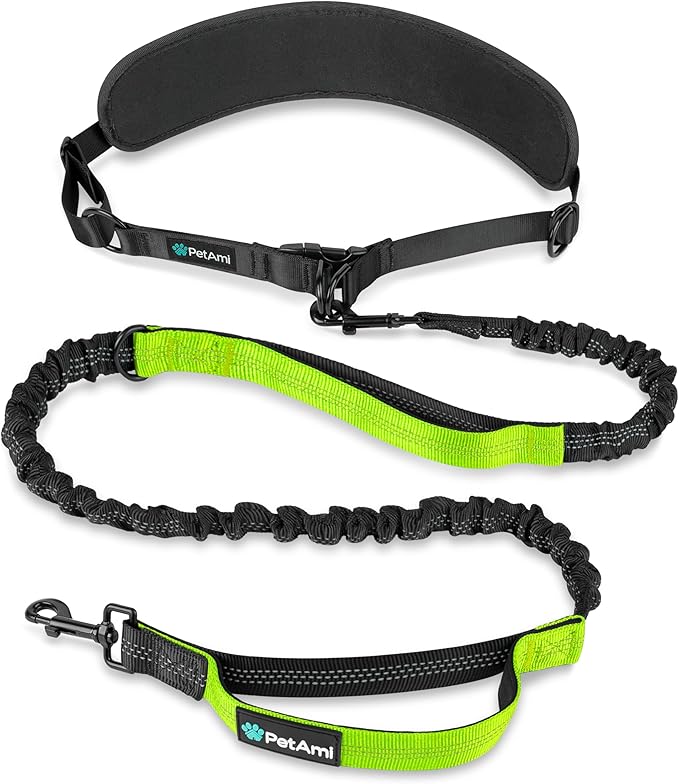 PetAmi Heavy Duty Hands Free Dog Leash, Adjustable Waist Belt for Large Dog Walking Up to 125 lbs, Bungee Leash for Pet Running, Hiking, Reflective Safety for Jogging, Biking, Green Handle