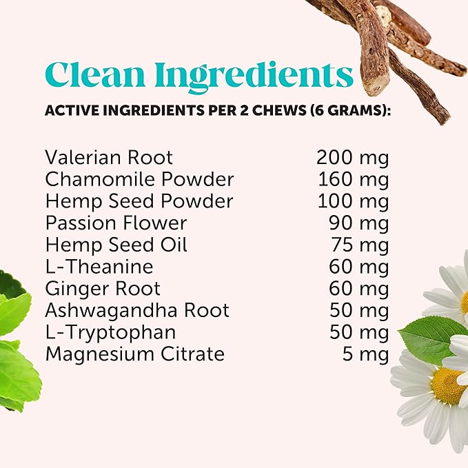 Natural Hemp Calming Chews for Dogs - Dog Anxiety Relief - Calming Aid Supplement with Valerian Root, Chamomile, + Magnesium - Stress, Separation & Thunder Support - (Chicken, 90 Count)