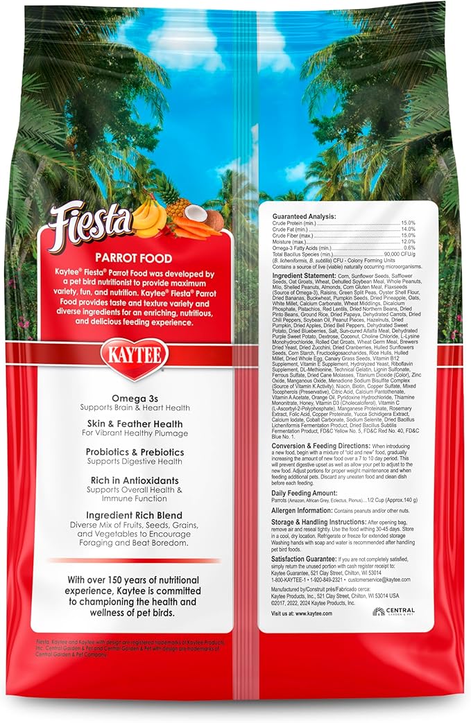 Kaytee Fiesta Parrot Food, Nutritious and Fun Blend, Supports Skin, Feather, Digestion, Brain and Heart Health, 4.5 pounds