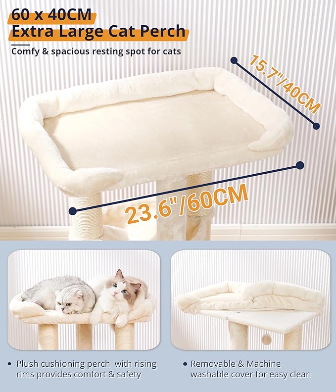 Happi N Pets 28" Large Cat Tree Tower for Indoor Cats, Cat Scratch Post with Large Bed for Maine Coon Big Cats, Sisal Cat Scratcher with Soft Perch & Hammock, Stable Cat Stand, Removable Cover-Beige