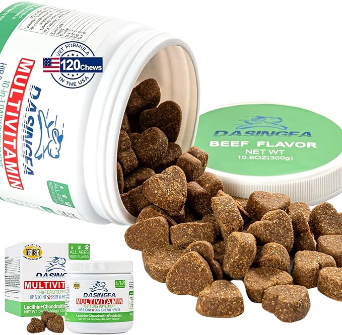 10-in-1 Dog Multivitamin Supplement, Calming Chews with Chondroitin & Probiotics, Mega Pack 10.6oz/300g (120 Chews), Supports Joint Health & Calming, Beef Flavor
