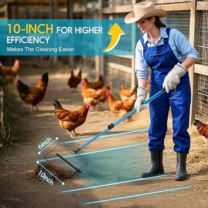 Large Chicken Poop Scooper & Rake: 22"-41" Extendable Long Handle Metal Chicken Coop Scooper with Detachable Heavy Duty Litter Sifting Shovel for Pet Waste | Chicken Coop Accessories
