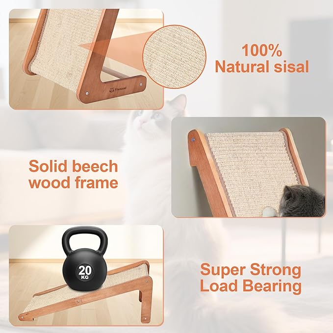 L-Shaped Cat Scratching Post - Beechwood Base, 28.5" Natural Sisal Woven Cat Scratch Pad, Durable Cat Scratcher, Furniture Protector for Cats' Clawing and Play