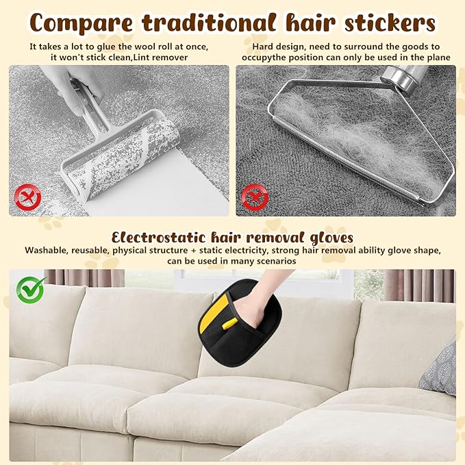 Pet Hair Removal Gloves,Electrostatic Gloves Pet Hair, Efficient Grooming Glove for Cats Dogs, Reusable Pet Hair Removal Tool for Couch, Furniture, Carpet, Curtain (3PCS)