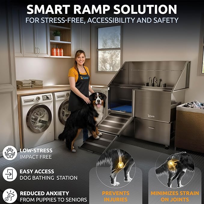 KANIS Professional Dog Washing Station - 304 Stainless Steel Pet Wash Sink & Grooming Bath Tub for Home with Ramp, Shower, Floor Grate, Storage Drawers, and Faucet for Large, Medium & Small Pets
