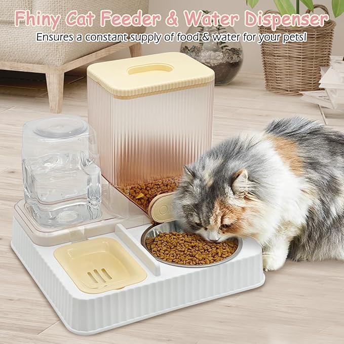 Fhiny Gravity Cat Feeder & Water Dispenser, 2 in 1 Automatic Puppy Waterer Removable Stainless Steel Food Bowls Set Self Feeding Pet Food Storage for Cat Kitten Puppy Easy Clean (Yellow)