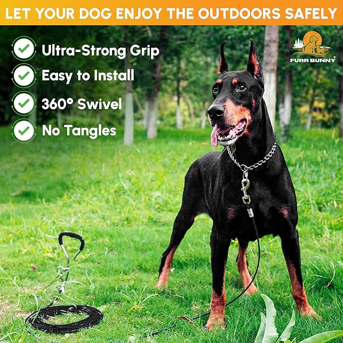 Heavy Duty Dog Tie Out Cable and Stake for Large to Extra Large Dogs Upto 150 LBs – Anti-Tangle, Rust-Resistant, 360° Swivel Leash System – 18 Inches Spiral Anchor and 7mm 30 FT Long Leash