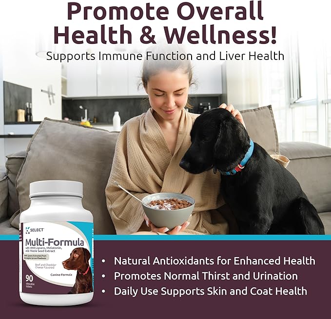K9 Select Multi-Formula Dog Vitamins for Large Dogs - 30mg HMR Lignans, 3mg Melatonin, 60mg Milk Thistle - Helps Heart, Liver, Digestion, Skin & Coat Health, Dog Multivitamin, 90 Tablets, Beef Flavor