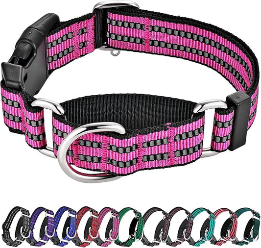 Hikiko Martingale Dog Collars Reflective Nylon Dog Collar with Quick Release Buckle Adjustable Training No Slip Dog Collar (Large, Pink)