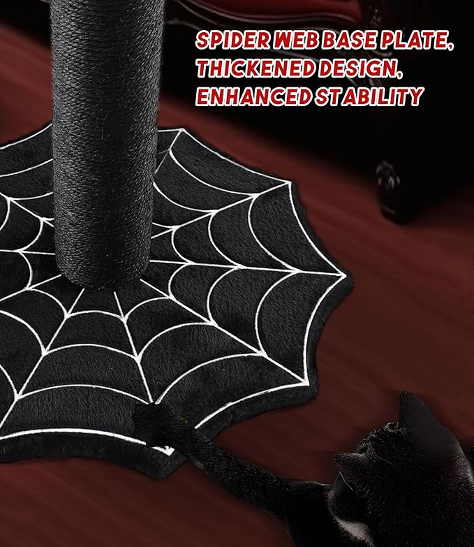Gothic Cat Scratching Post with Spider Dangling Toys for Indoor Large Cats, Halloween Spooky Cat Scratcher,Activity Cat Play Center Cat Tree Tower Furniture with Cobweb Base,Black,Large