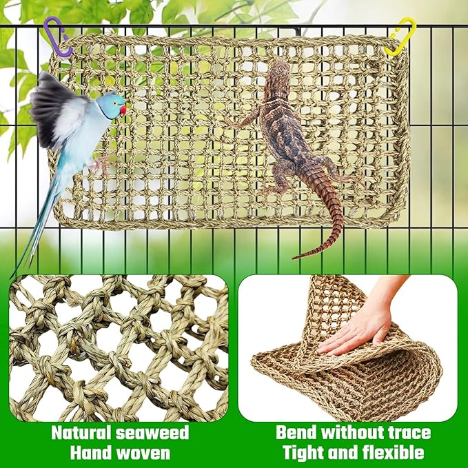 Large Bird Seagrass Mat 24 × 14 ''Natural Seagrass Woven Bird Net Hammock Climbing Rope Ladder with Hooks Chew Toy for Parrot Guinea Pig Lovebird Cockatiel Pigeon