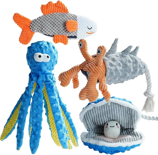 Nocciola 4 Packs Crinkle Squeaky Dog Toys for Aggressive Chewers, Durable Stuffed Plush Rope Tug Puppy Toy for Small, Medium Large Dogs, Octopus Fish Ocean Beach Summer, Dog Birthday Gifts