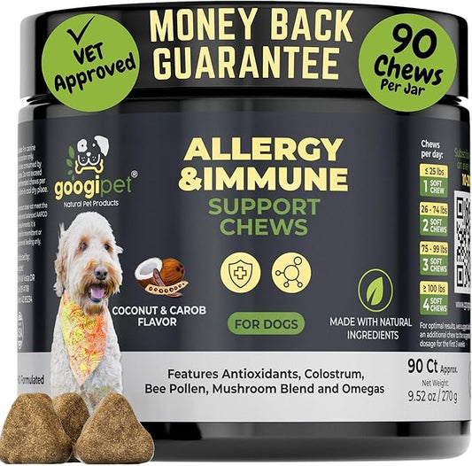 Googipet Dog Allergy Chews, Seasonal Dog Allergy Relief & Itchy Skin Relief, Skin & Coat Supplement +Bee Pollen, Colostrum, Coconut Oil, Probiotics, & Omega 3 Fish Oil for Dogs
